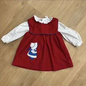 Vintage Baby Girl Red Corduroy Smocked Dress Holly Hobbie 18 Months Long Sleeve